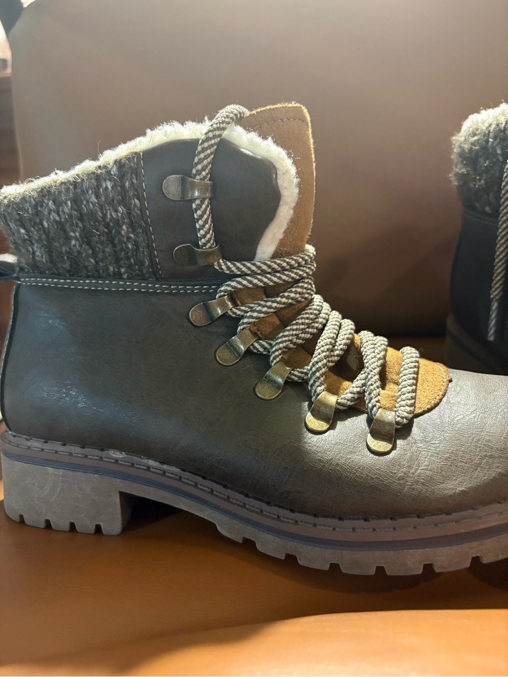 Cozy Gray Faux-Shearling Lace-Up Winter Boots